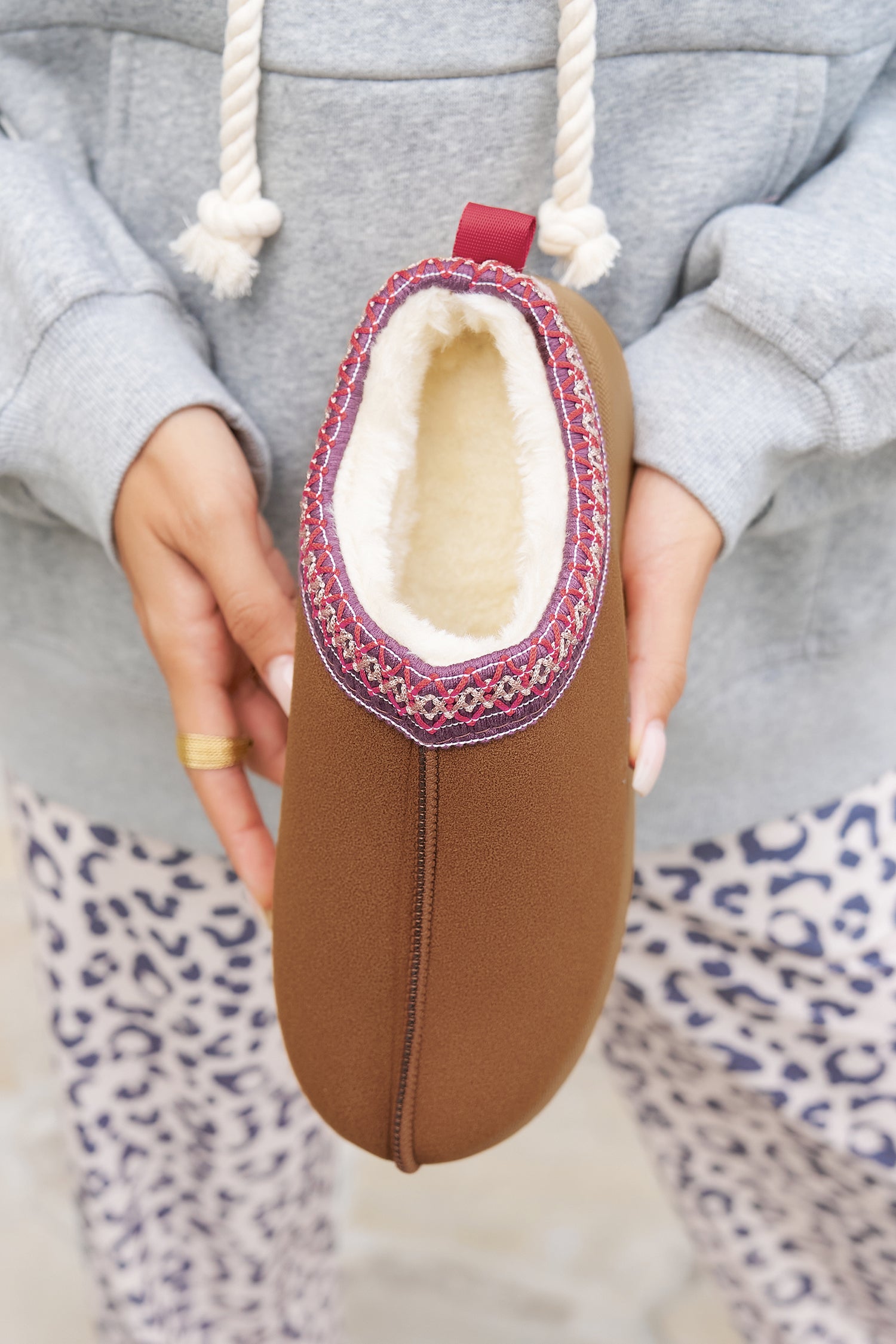Chestnut Contrast Print Suede Plush Lined Snow Boots